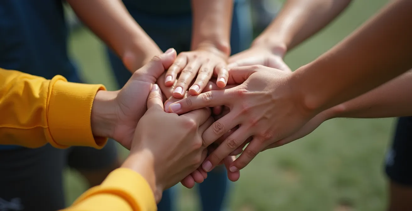 Gros plan sur des mains diverses travaillant ensemble pour réaliser une activité sportive innovante et originale, symbolisant la personnalisation dans le team building