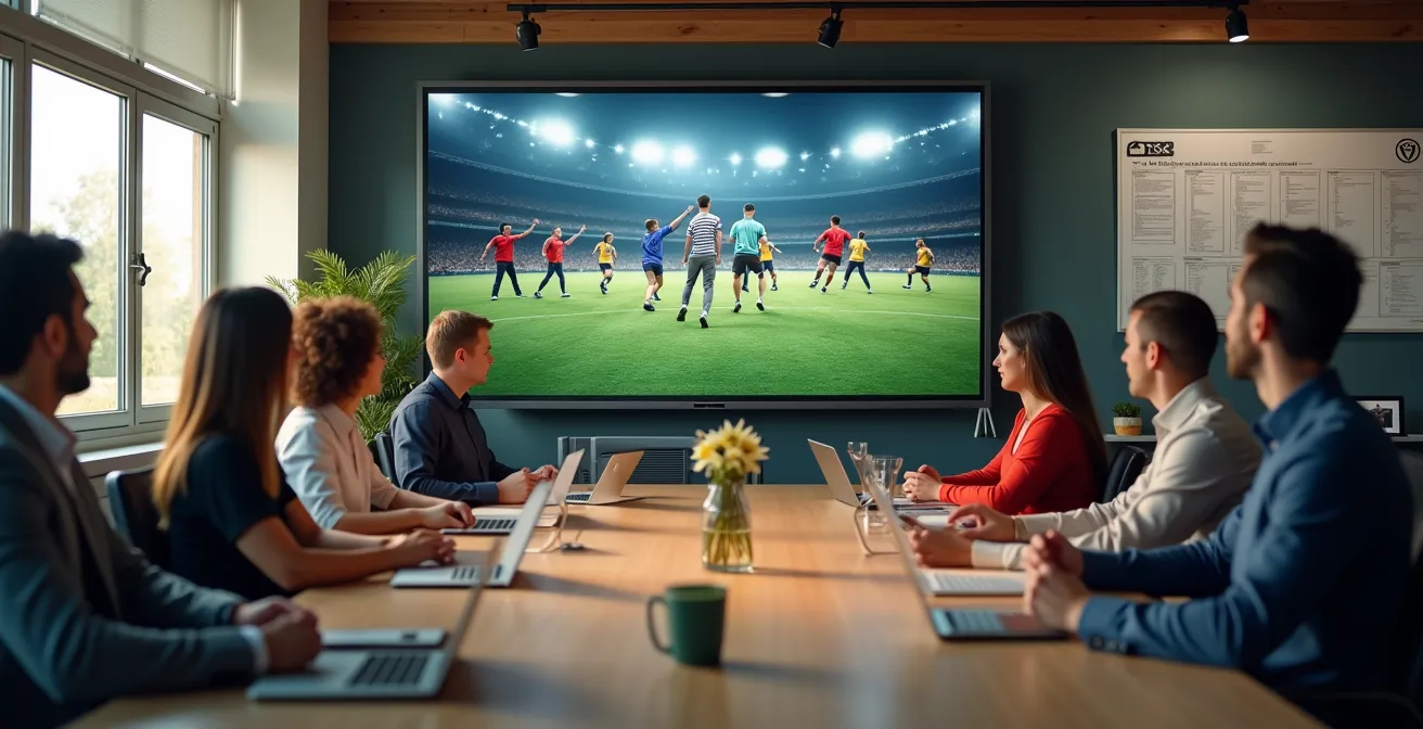 Salle de réunion informelle avec affichage de photos et vidéos d’un séminaire sportif, favorisant la cohésion et la motivation au travail