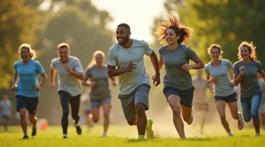 Une équipe d'entreprise diverse pratiquant un sport d'équipe dynamique en extérieur, montrant la cohésion, l'énergie et l'esprit de collaboration
