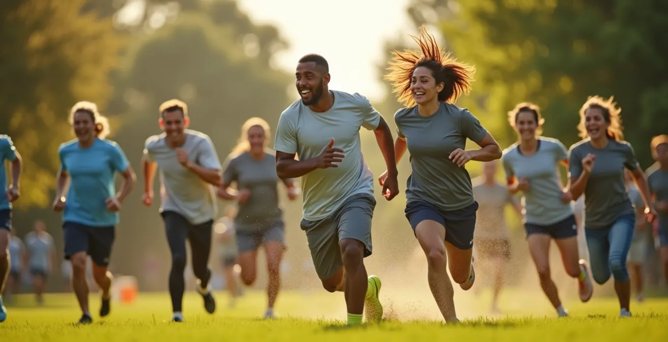 Une équipe d'entreprise diverse pratiquant un sport d'équipe dynamique en extérieur, montrant la cohésion, l'énergie et l'esprit de collaboration