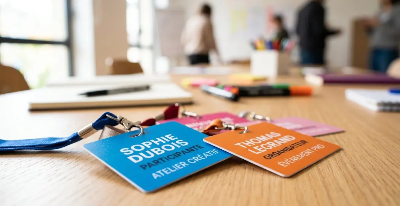 Gros plan sur des badges nominatifs colorés disposés sur une table moderne, avec des carnets et stylos floutés en arrière-plan