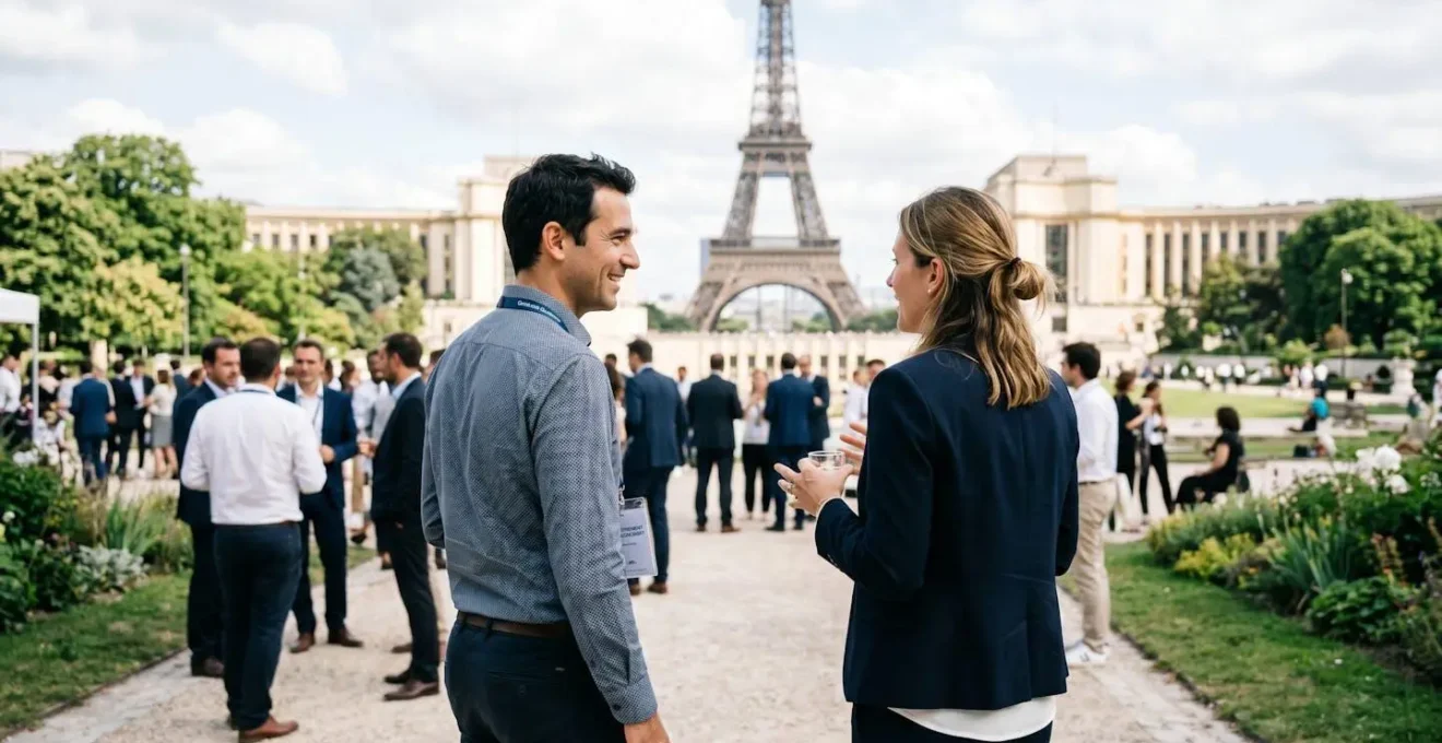 Deux collaborateurs de profil en discussion décontractée lors d'un événement d'entreprise en extérieur, avec le jardin du Trocadéro en arrière-plan