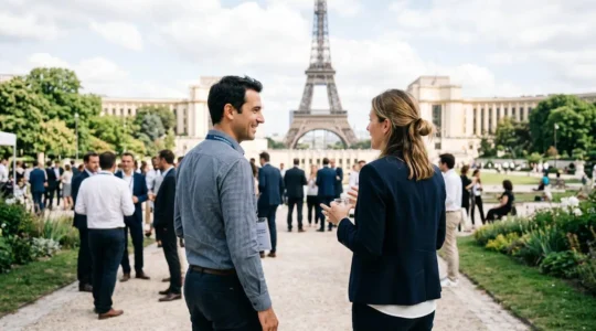 Deux collaborateurs de profil en discussion décontractée lors d'un événement d'entreprise en extérieur, avec le jardin du Trocadéro en arrière-plan
