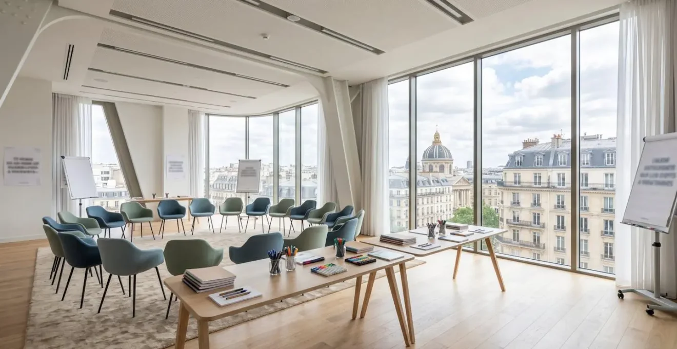 Vue grand angle d'une salle événementielle contemporaine avec chaises disposées en cercle, matériel d'animation visible et grandes baies vitrées ouvrant sur un paysage parisien